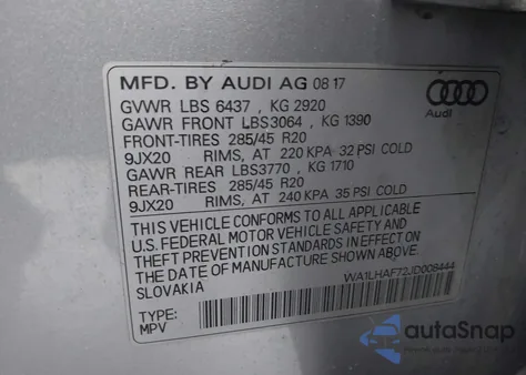 2018 Audi Q7 2.0T Premium from USA, damaged, VIN WA1LHAF72JD008444